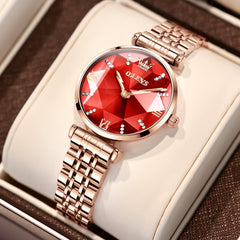 OLEVS 6642 Prism Cut Crystal Watch Rose Gold Stainless Steel Japan Quartz Timepiece for Women