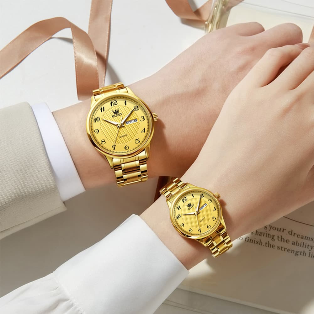 OLEVS 5667 Sapphire Crystal Couple Watch Day Date Stainless Steel Bracelet Luxury Timepiece for Men and Women