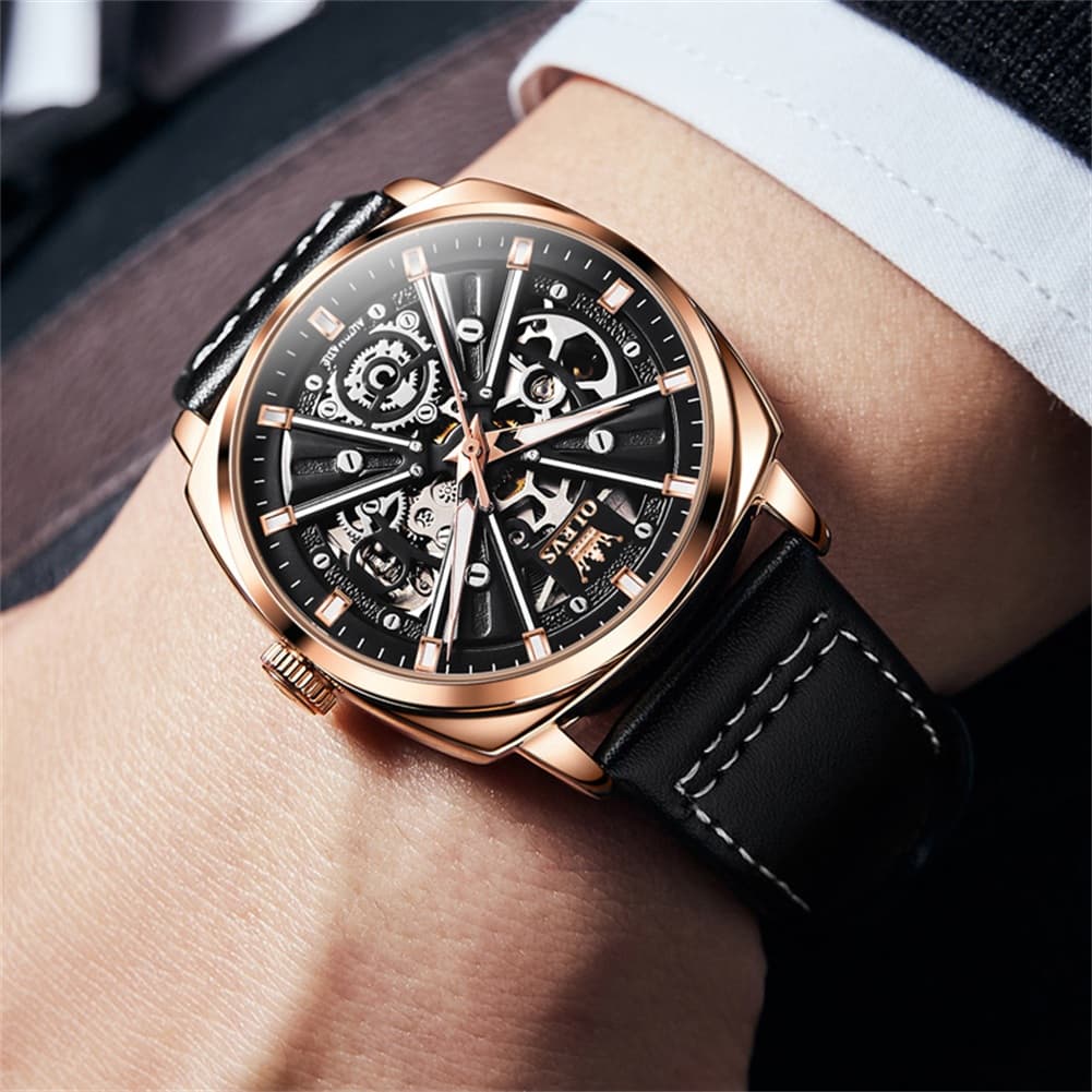 OLEVS 6685 Mechanical Skeleton Leather Watch for Men