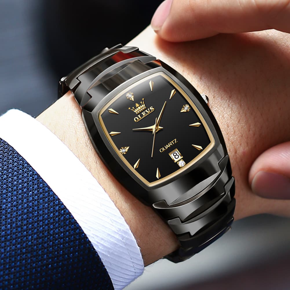 OLEVS 7006 Tungsten Steel Watch Tonneau Case Couple Diamond Accent Quartz Luxury Timepiece for Men and Women