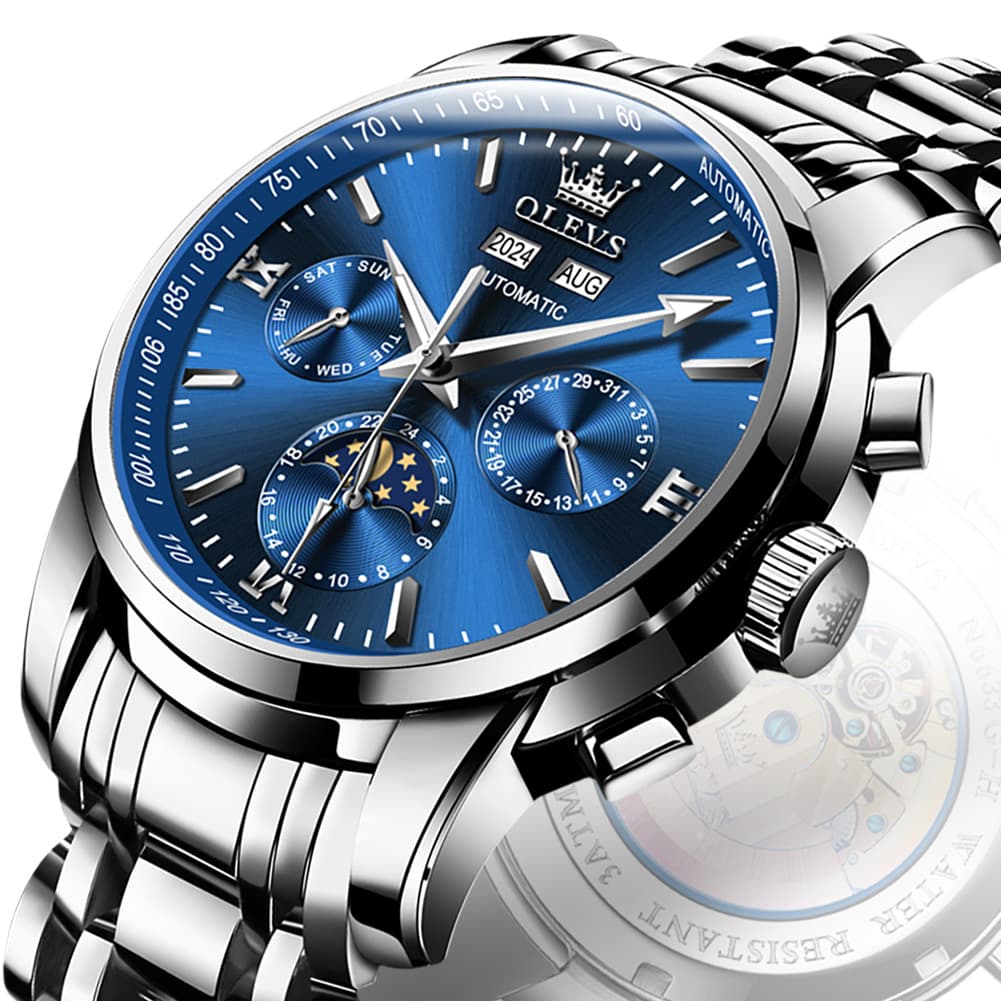 OLEVS 6633 Stainless Steel Mechanical Moon Phase Watch for Men