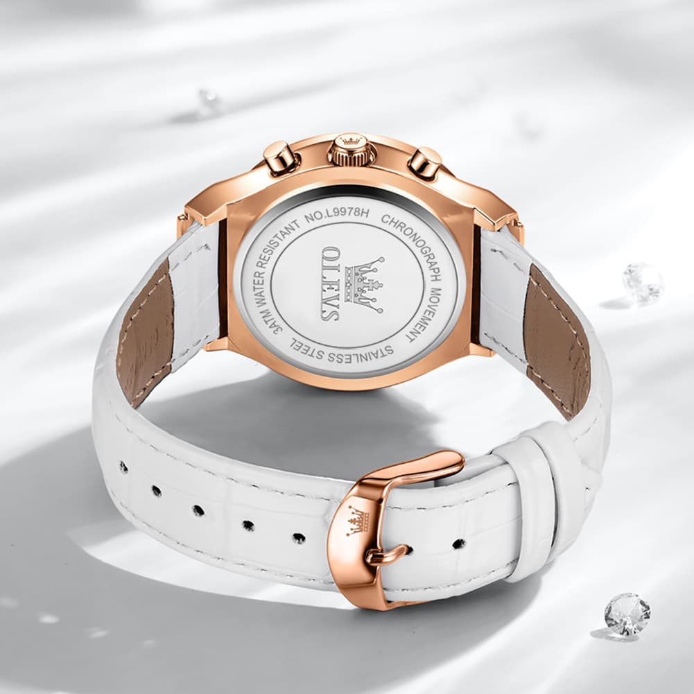 OLEVS 9978 Diamond Bezel Chronograph Leather Watch for Women