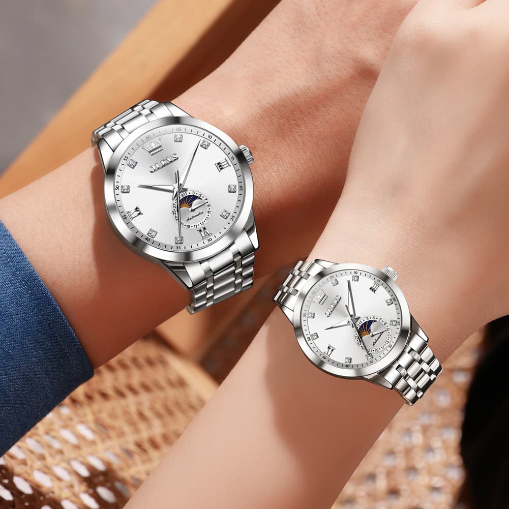 OLEVS 7041 Solid Steel Moon Phase Couples Watch Set