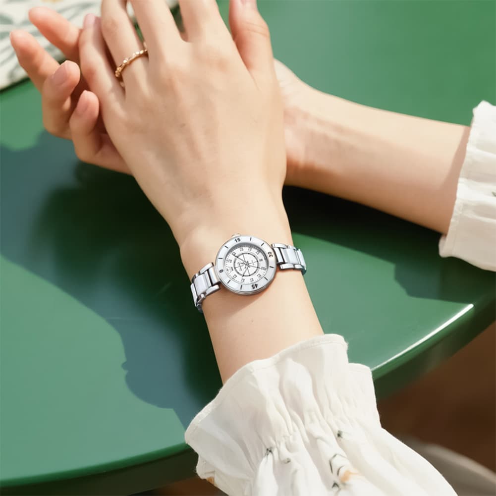 OLEVS 7083 White Ceramic Watch Sport Luxe Diamond Accent Stainless Steel Bracelet Quartz Timepiece for Women