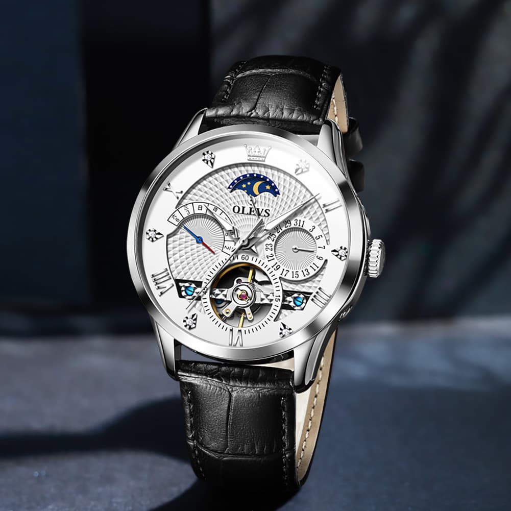 OLEVS 6652 Leather Mechanical Moon Phase Watch for Men