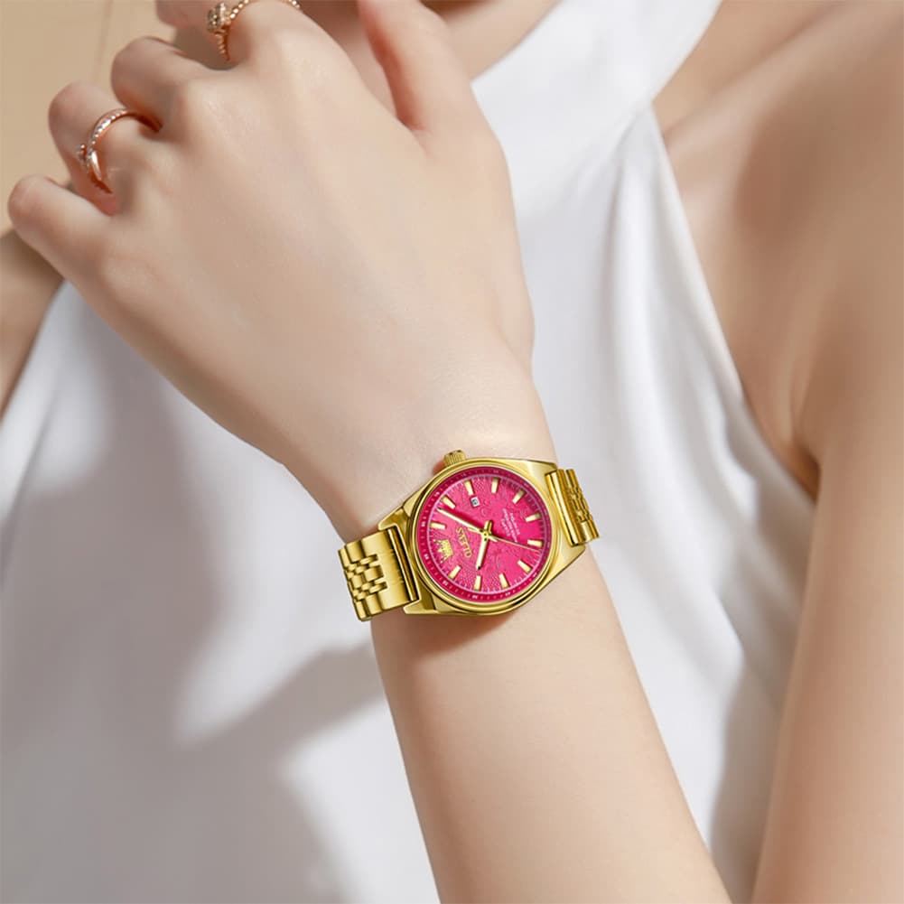 OLEVS 3703 Elegant Textured Dial Stainless Steel Womens Watch