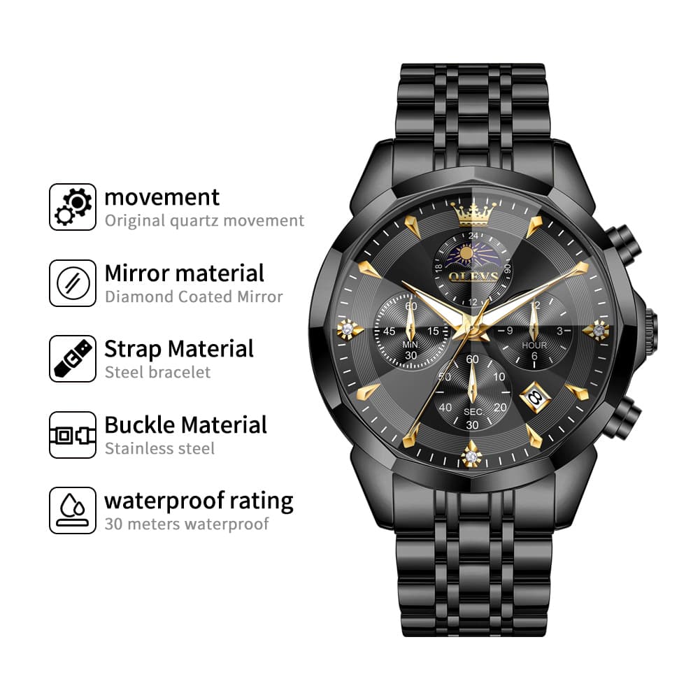 OLEVS 3673 Quartz 3D Rhombic Mirror Chronograph Watch For Men