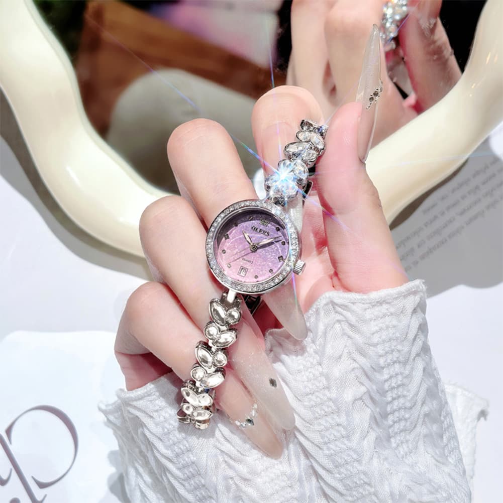 OLEVS 5679 Crystal Cluster Bracelet Watch Zircon Bezel Date Quartz Jewelry Timepiece for Women