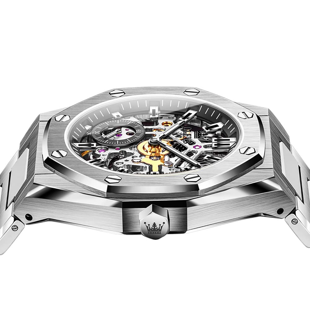 OLEVS 6669 Stainless Steel Octagonal Skeleton Watch for Men