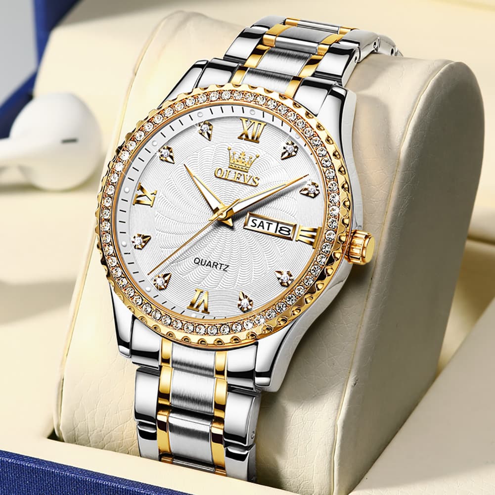 OLEVS Men Diamond Bezel Watch Two Tone Stainless Steel Quartz Day Date 5565
