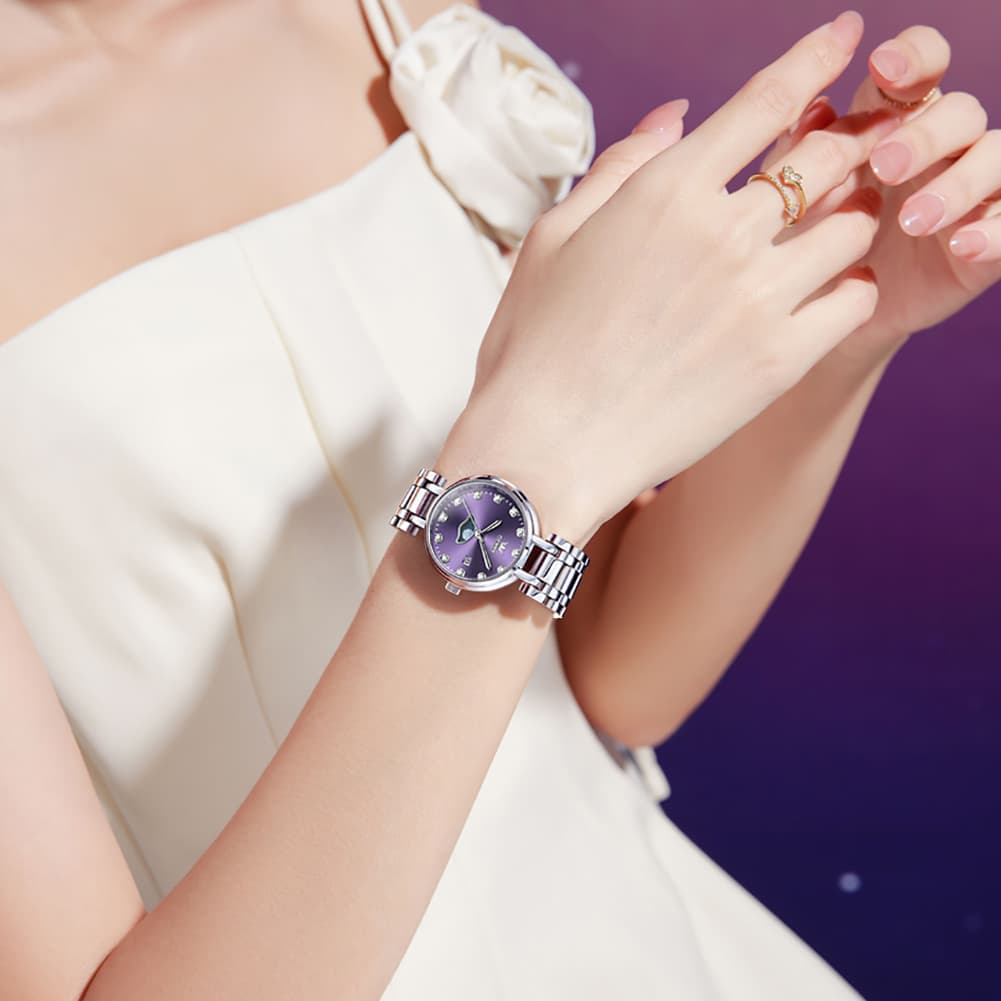 OLEVS Women Moon Phase Dress Watch Stainless Steel Diamond Dial Quartz 5573