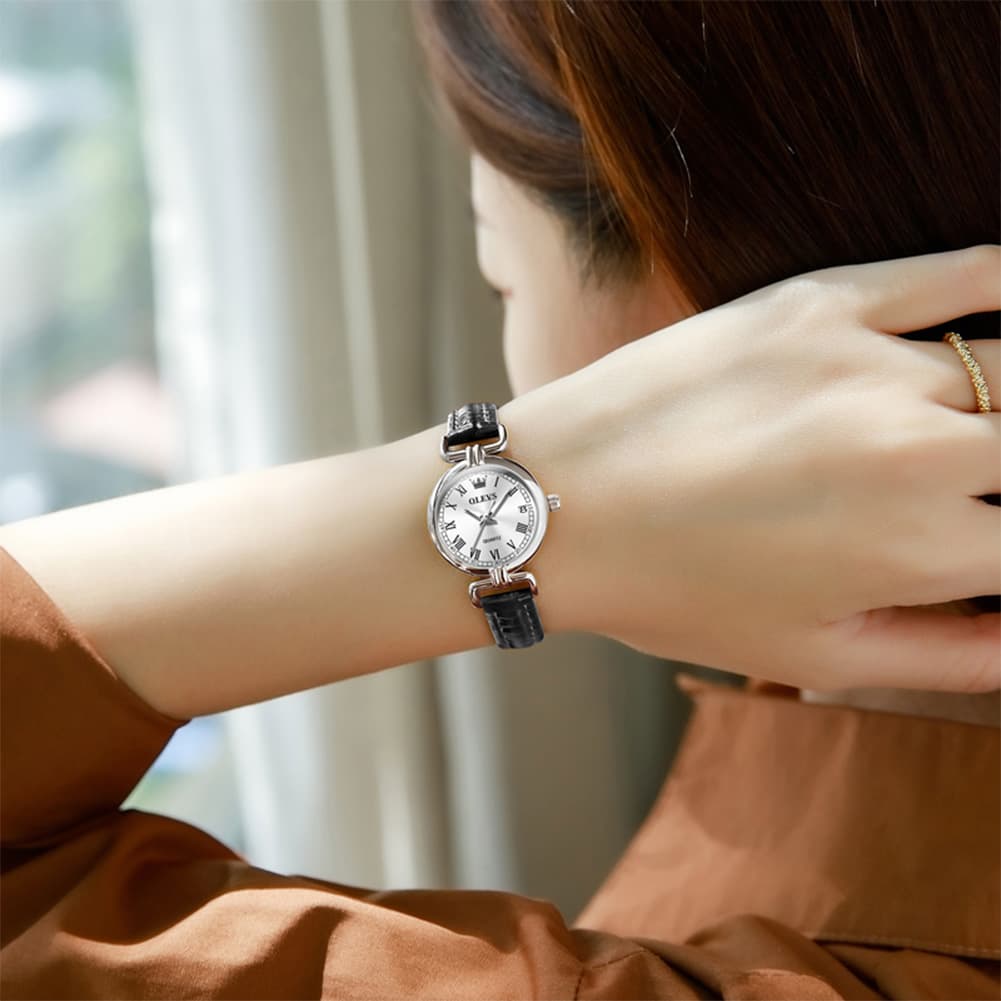 OLEVS Women Vintage Dress Watch Petite 24mm Leather Strap Date Quartz 5645