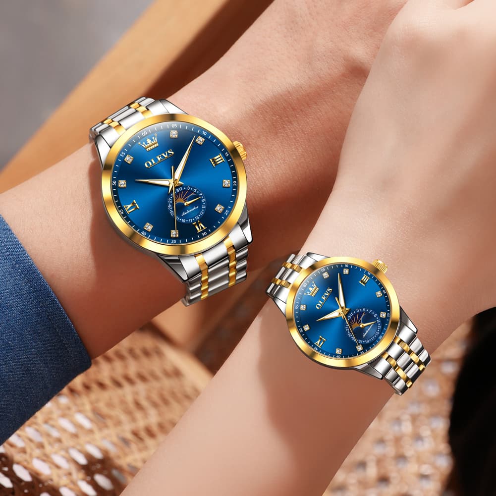 OLEVS 7041 Solid Steel Moon Phase Couples Watch Set