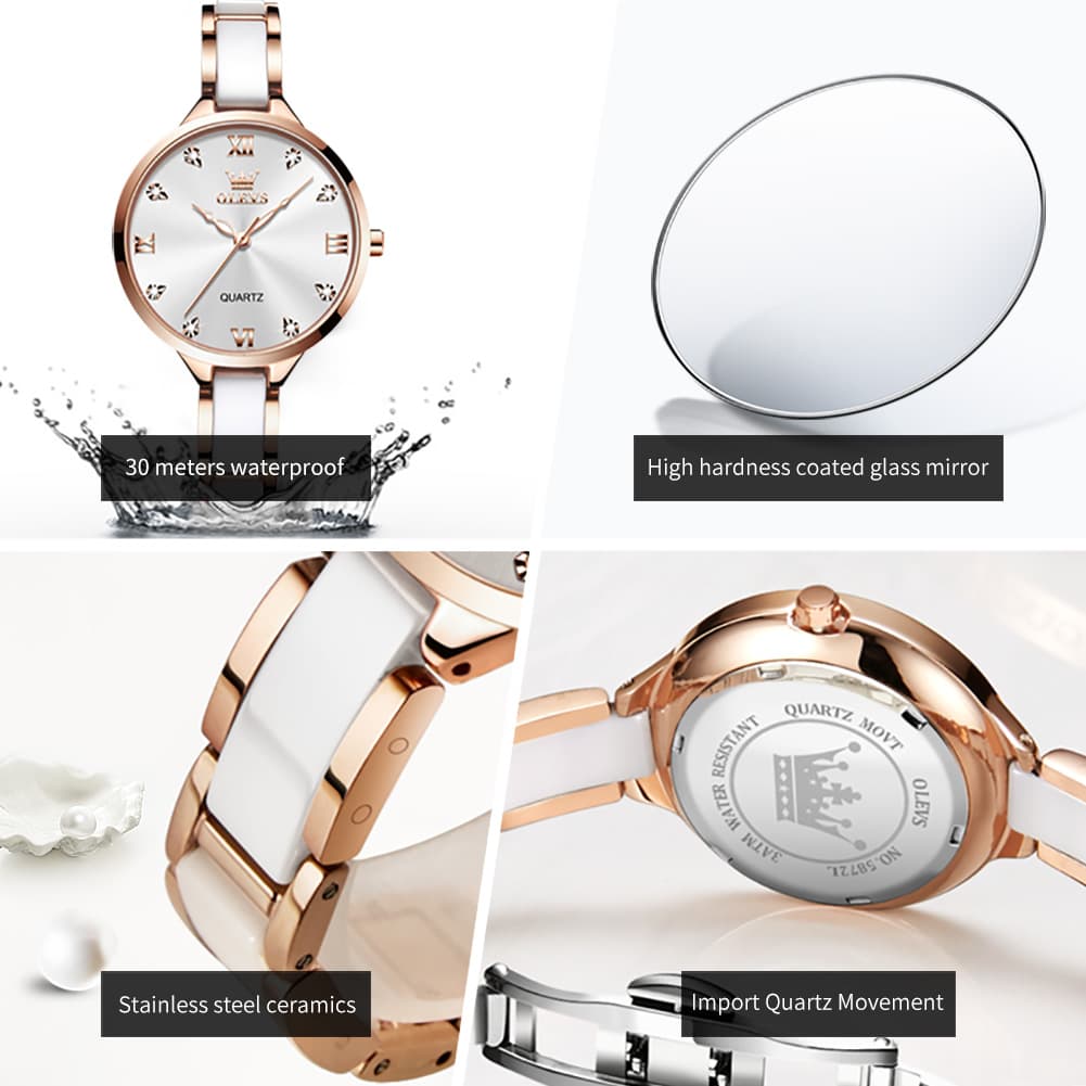 OLEVS 5872 Ceramic Bracelet Watch Rose Gold Diamond Accent Quartz Luxury Timepiece for Women