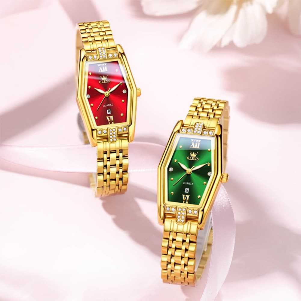 OLEVS 3699 Tonneau Geometric Crystal Womens Dress Watch