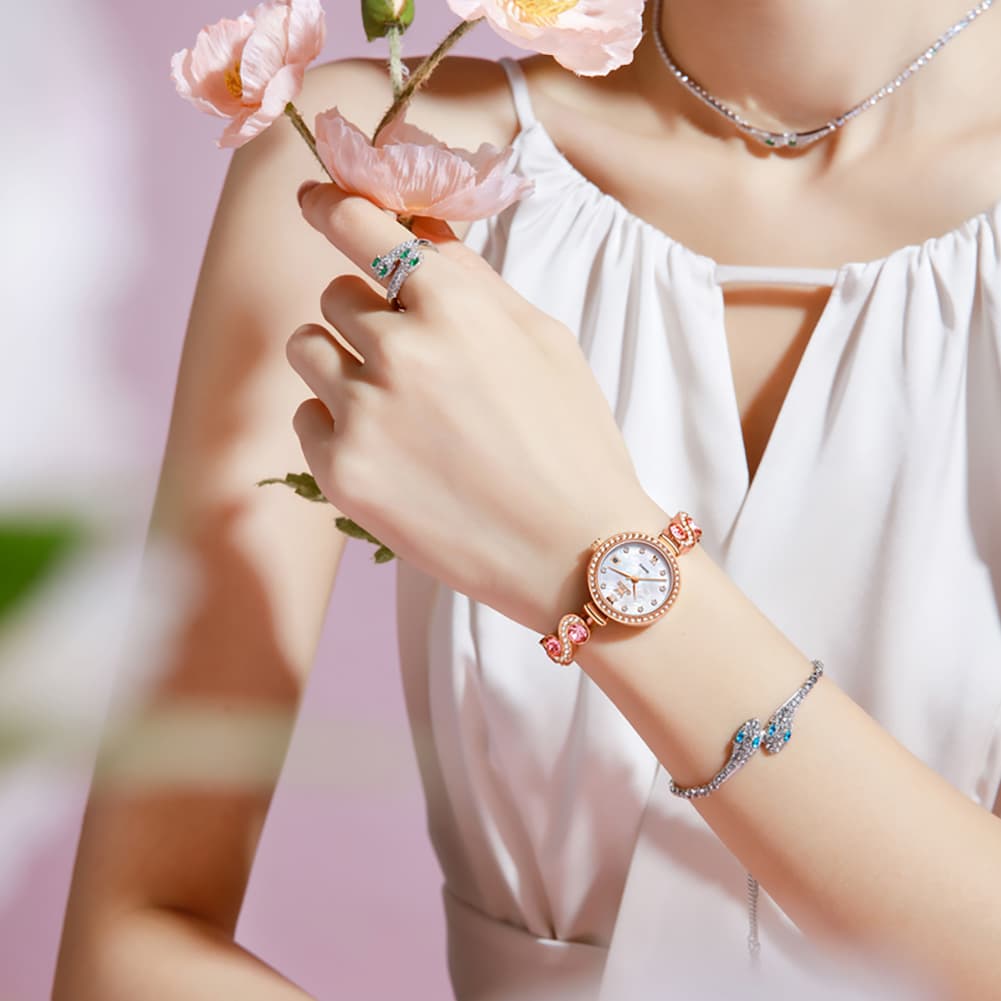 OLEVS Women Jewelry Bracelet Watch Pink Diamond Mother of Pearl Date Quartz 5633