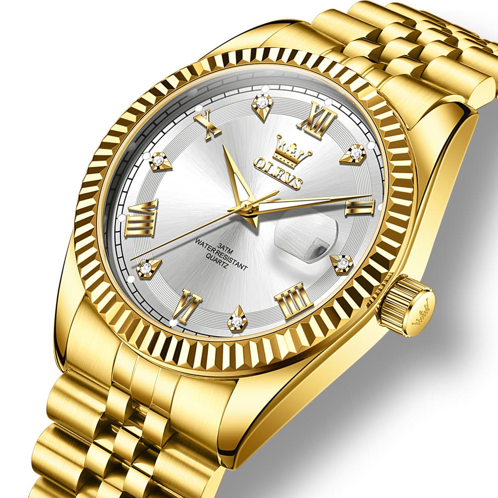 OLEVS 5680 Fluted Bezel Roman Diamond Dial Watch Stainless Steel Jubilee Bracelet Quartz Timepiece for Men