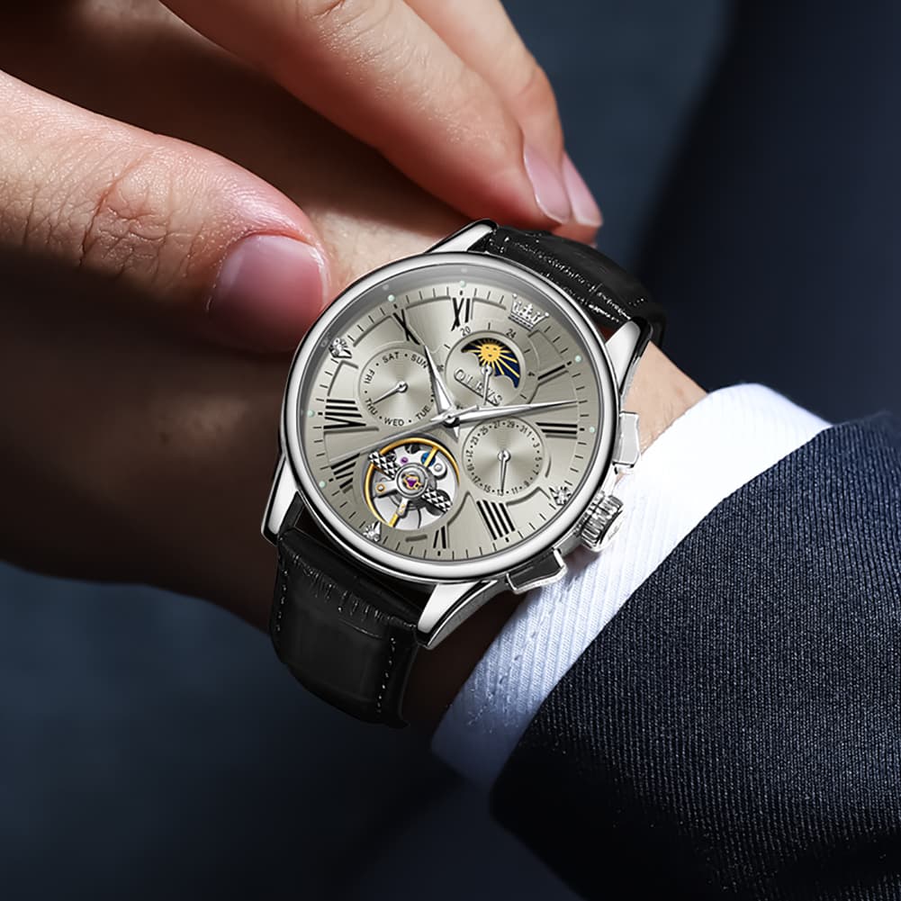 OLEVS Moon Phase Open Heart Automatic Mechanical Watch 9912 Leather Strap for Men