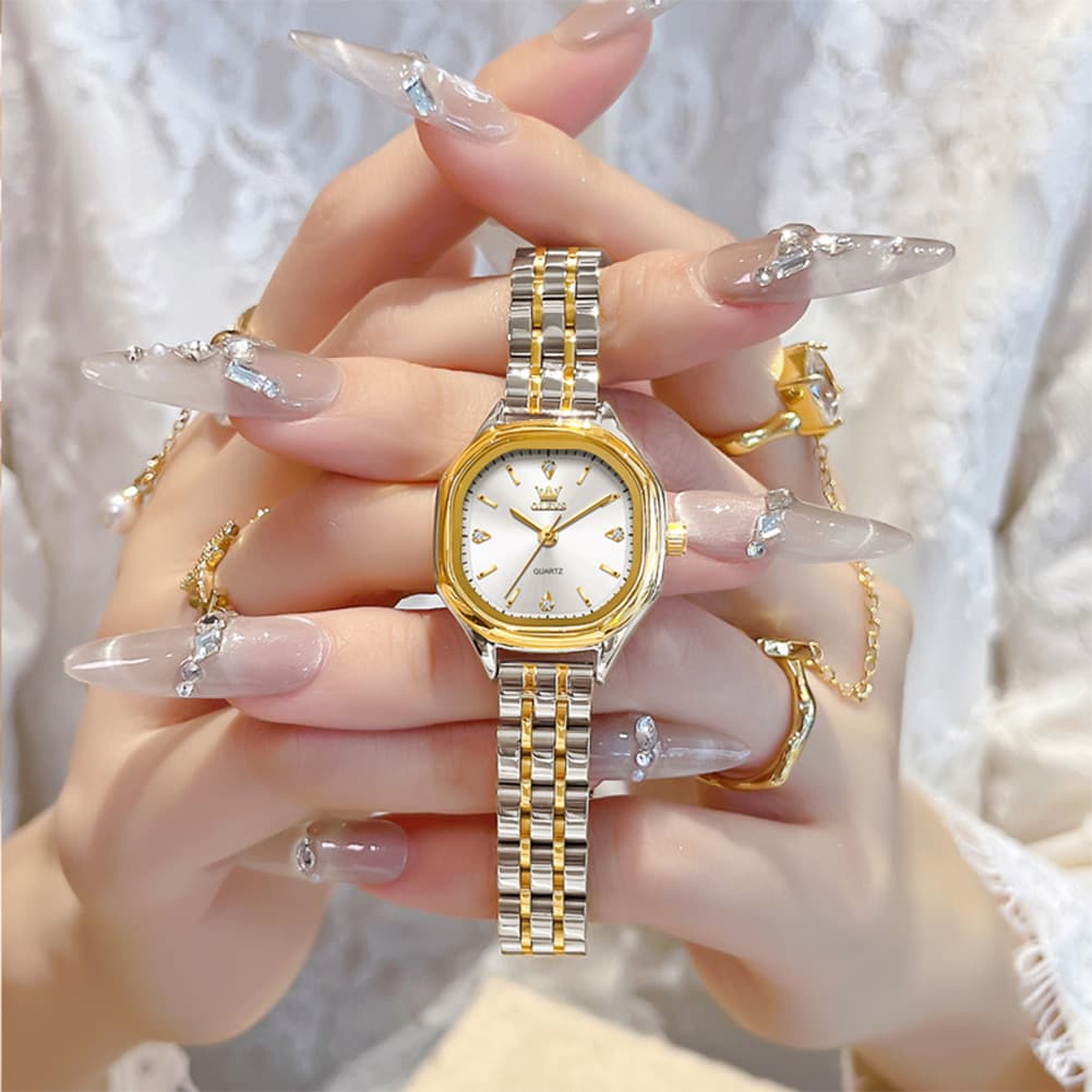 OLEVS 5888 Petite Square Watch Vintage Diamond Accent Stainless Steel Bracelet Quartz Timepiece for Women