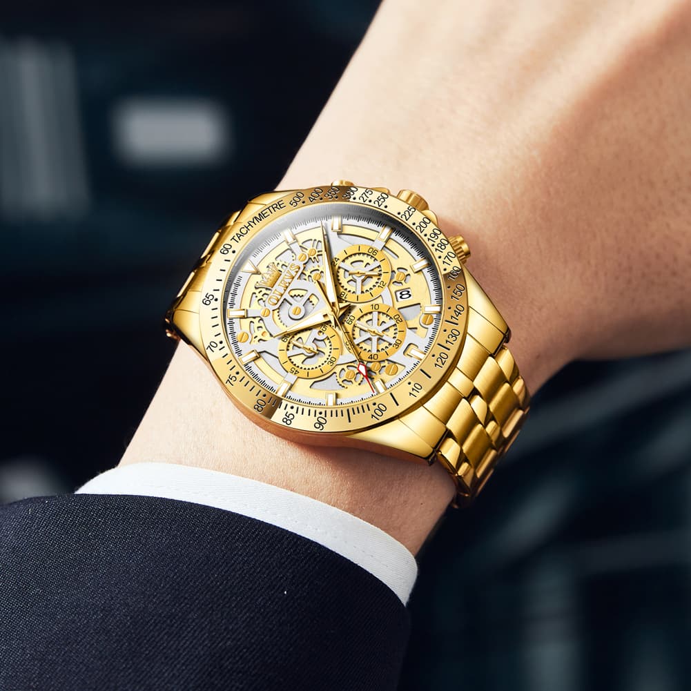 OLEVS 9913 Skeleton Dial Chronograph Gold Quartz Watch for Men