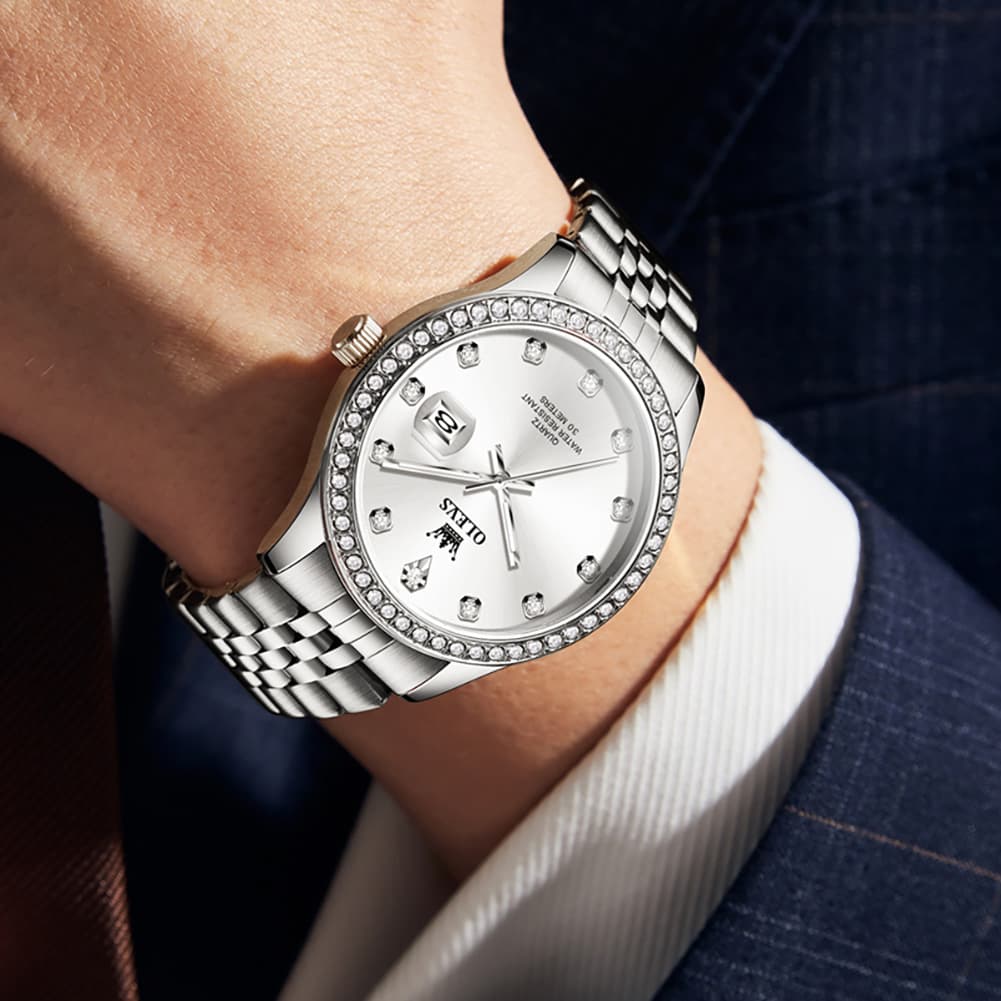 OLEVS 3629 Diamond Bezel Quartz Steel Watch for Men