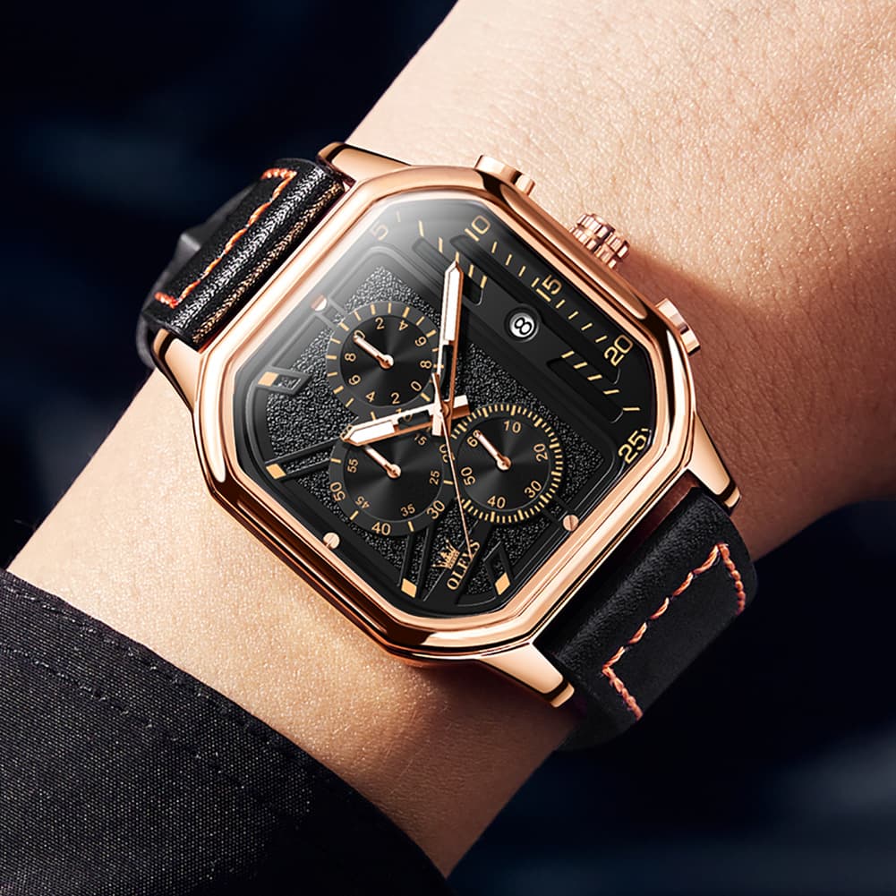 OLEVS 9950 Octagonal Case Chronograph Leather Watch for Men