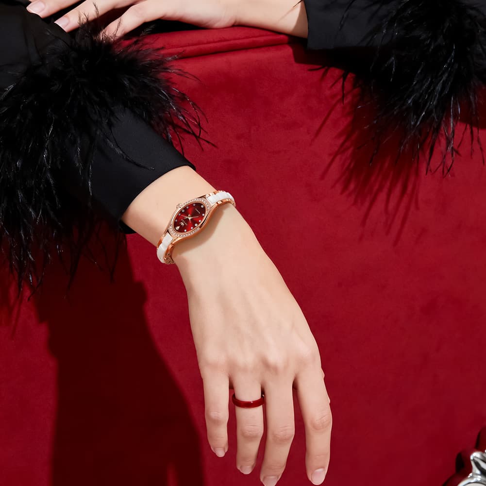 OLEVS Oval Ceramic Bracelet Diamond Watch 7131 for Women