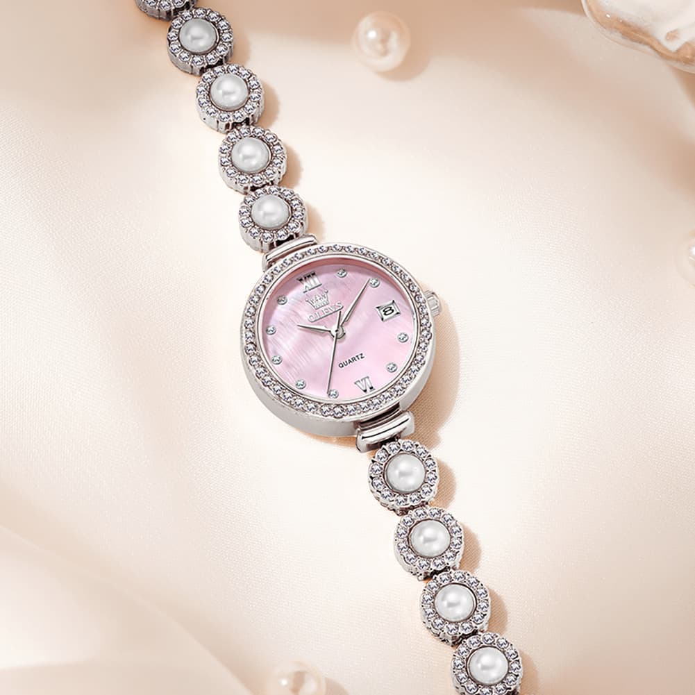 OLEVS Women Pearl Bracelet Watch Diamond Mother of Pearl Date Quartz 5635