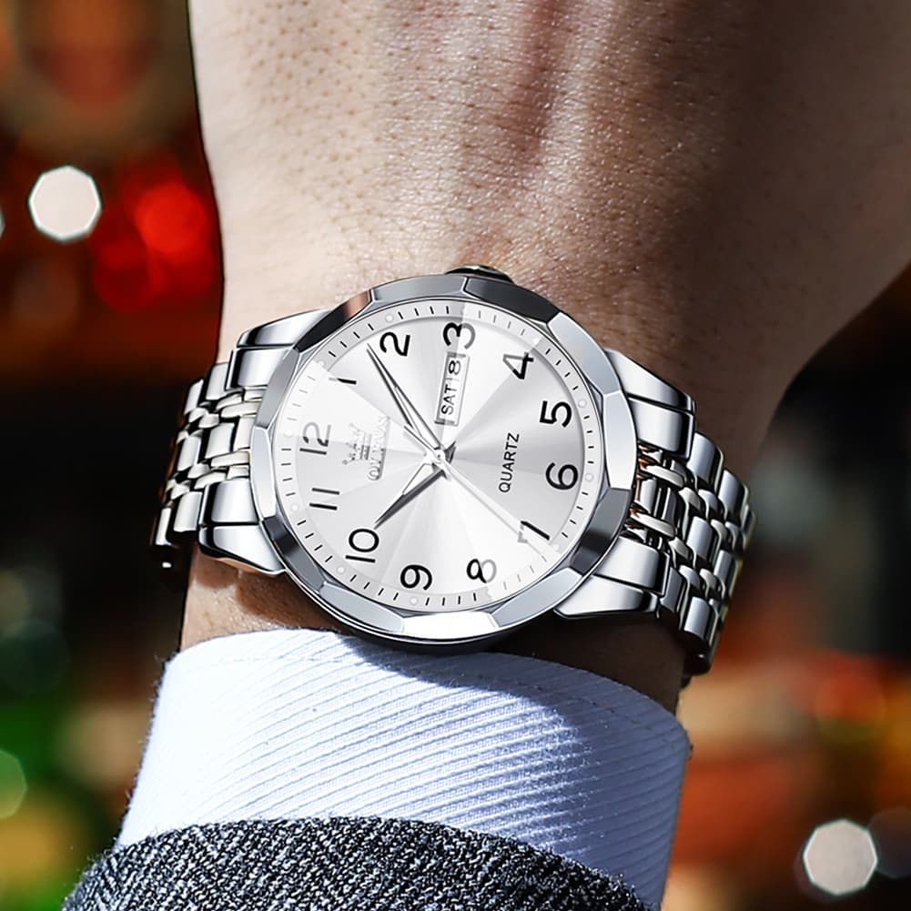 OLEVS 9970 3D Rhombic Faceted Glass Day Date Watch for Men