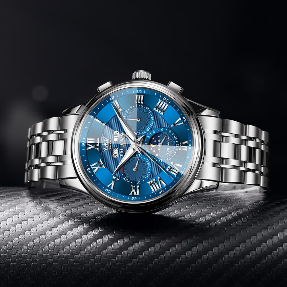 OLEVS 7113 Diamond Cut Glass Moon Phase Automatic Mechanical Watch for Men