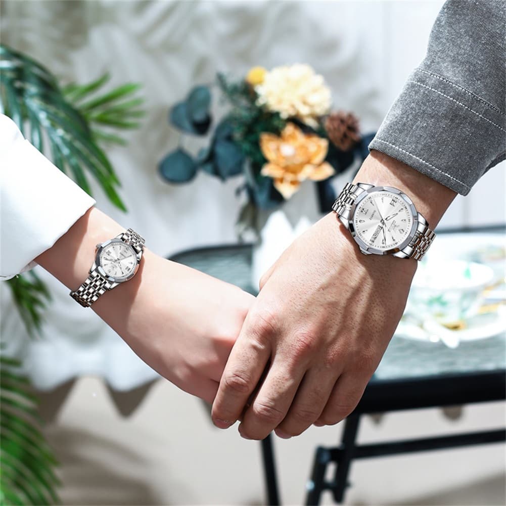 OLEVS 9998 Diamond Cut Glass Couple Dress Watch for Men and Women