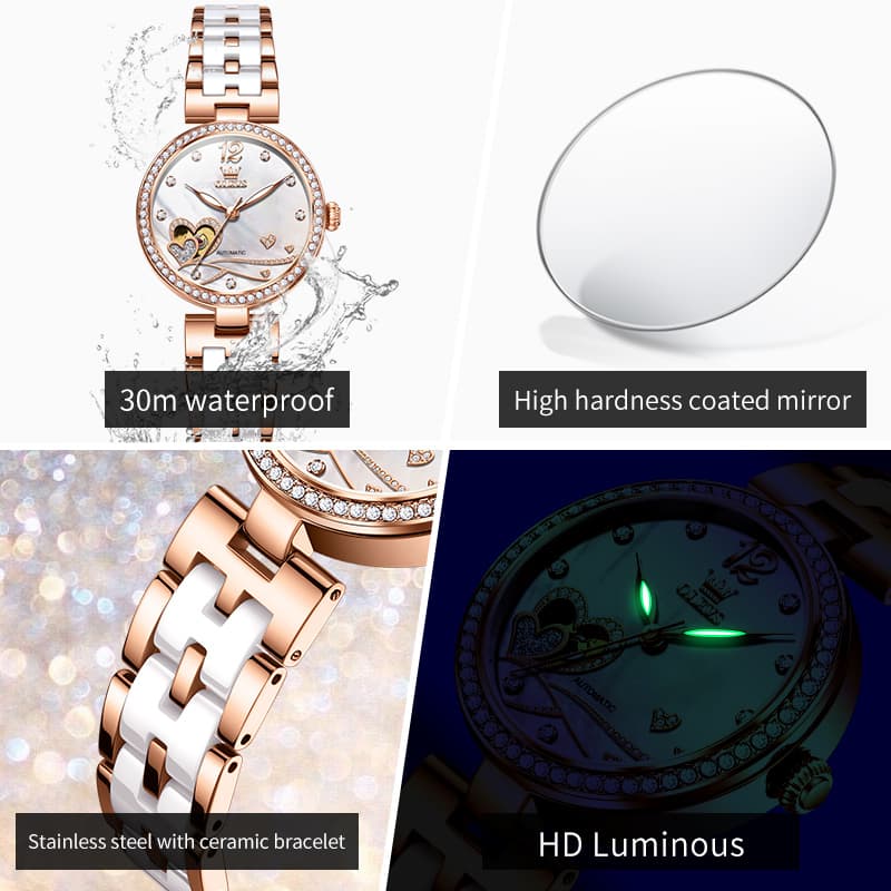 OLEVS 7086 Ceramic Heart Open Heart Automatic Watch For Women