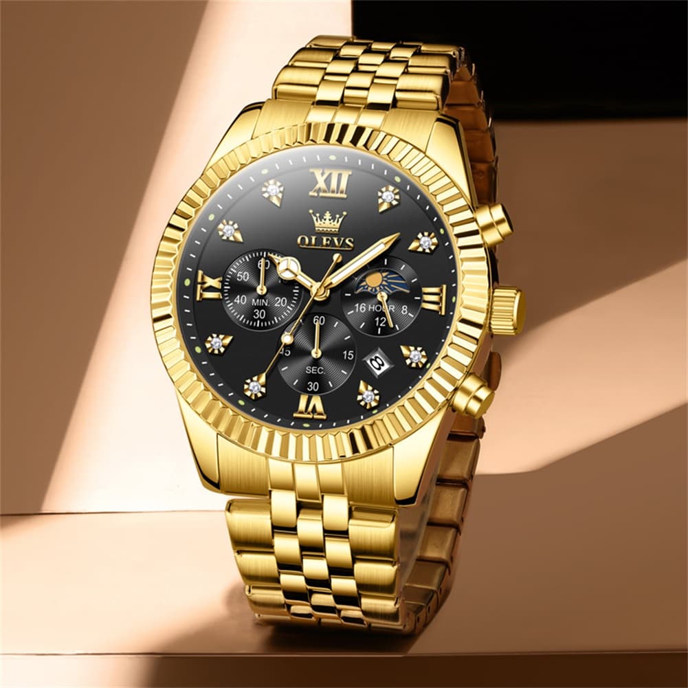 OLEVS 2932 Luxury Gold Fluted Bezel Quartz Watch for Men