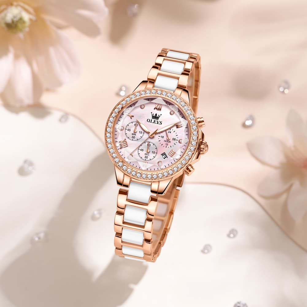 OLEVS 9999 Diamond Bezel Chronograph Ceramic Watch for Women