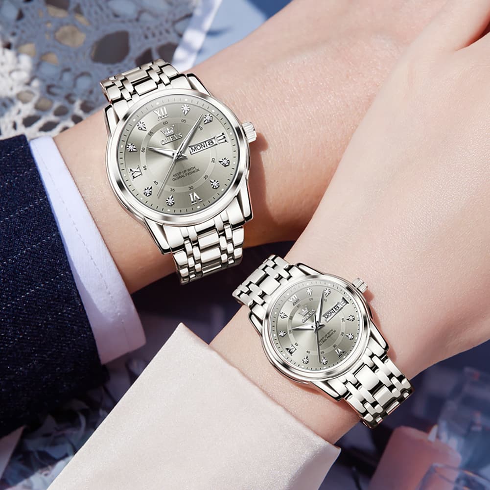 OLEVS Couple Watches Diamond Dial Day Date Quartz Watch 5513 Steel Band for His and Hers
