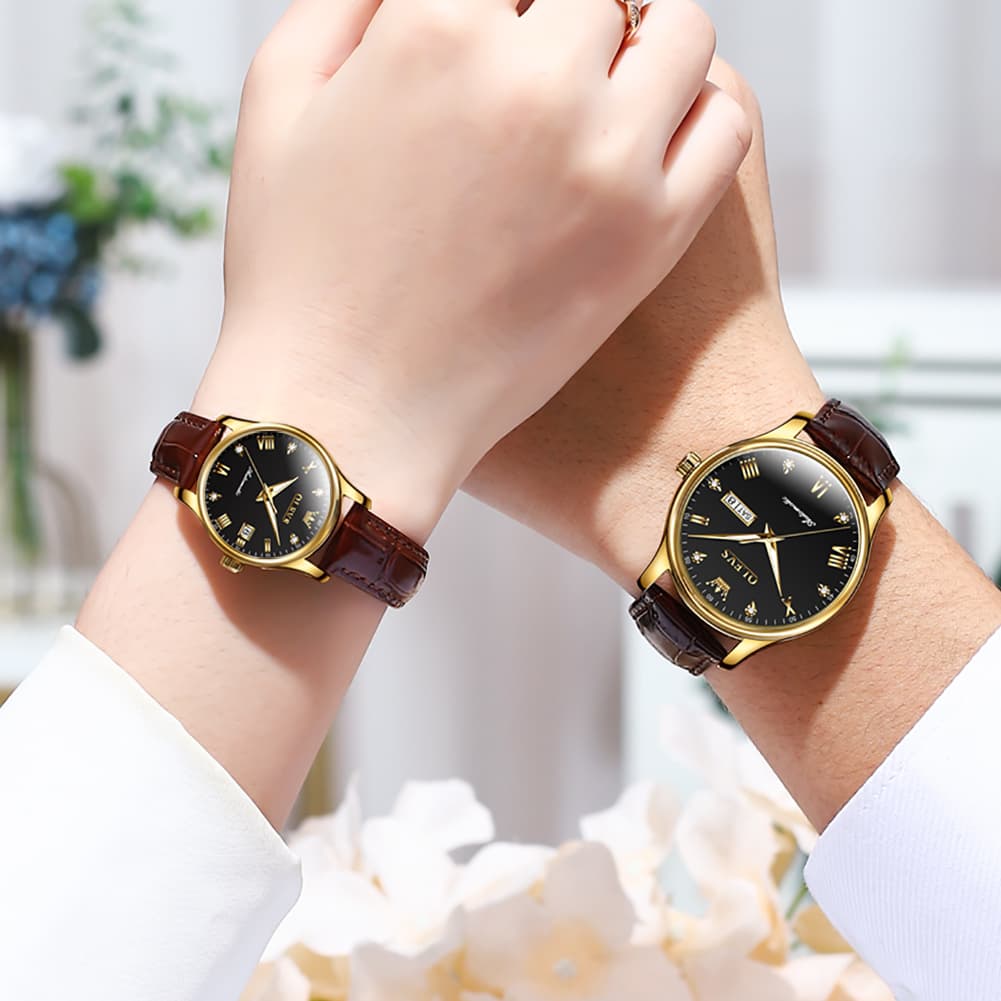 OLEVS Couple Watches Diamond Dial Automatic Mechanical Watch 9932 Leather Strap for His and Hers