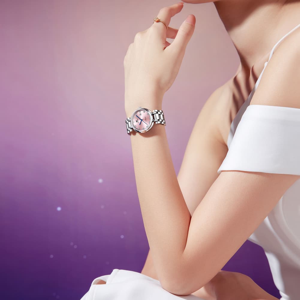 OLEVS Women Lucky Diamond Dress Watch Stainless Steel Quartz Date 5575