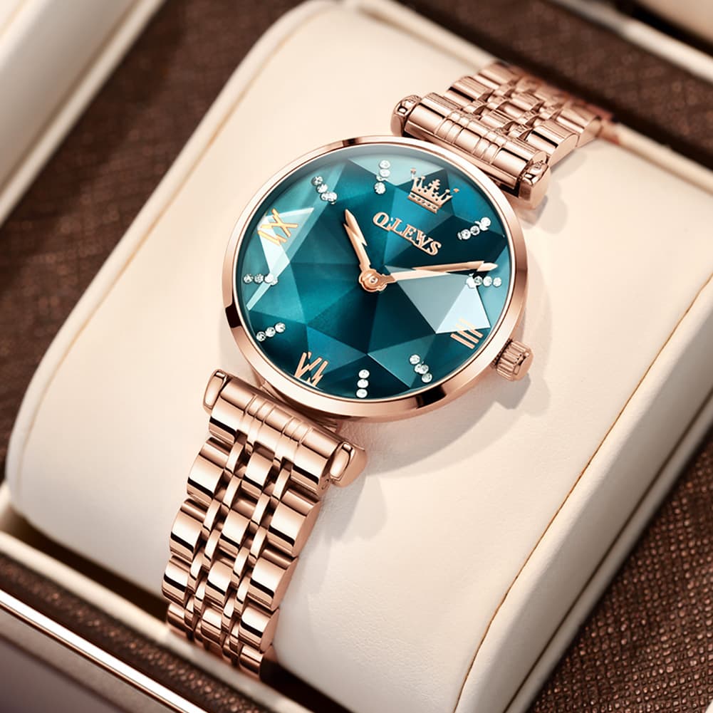 OLEVS 6642 Prism Cut Crystal Watch Rose Gold Stainless Steel Japan Quartz Timepiece for Women