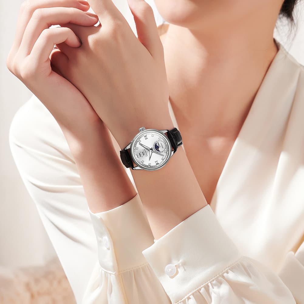 OLEVS 7039 Leather Moon Phase Mechanical Watch For Women