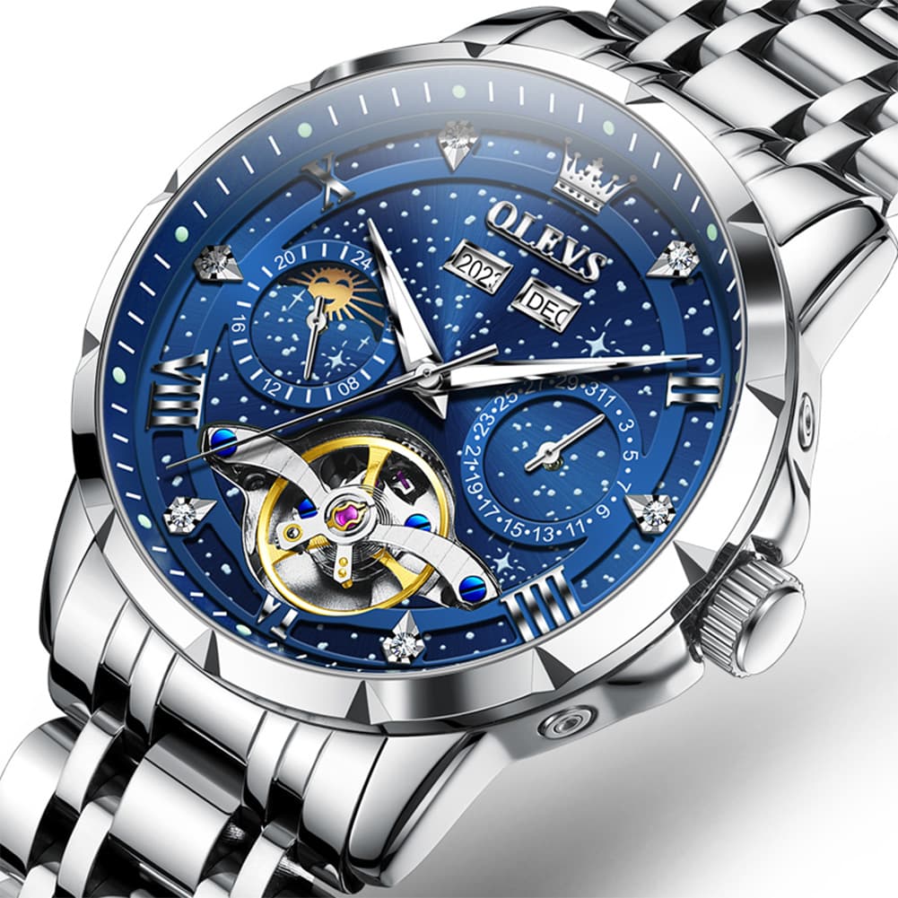OLEVS 6690 Automatic Skeleton Starry Sky Steel Leather Watch for Men