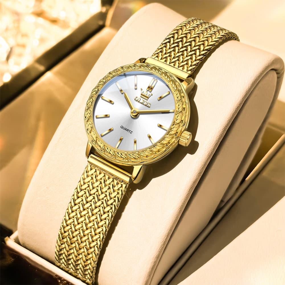 OLEVS Women Vintage Dress Watch Carved Bezel Woven Stainless Steel Quartz 5643