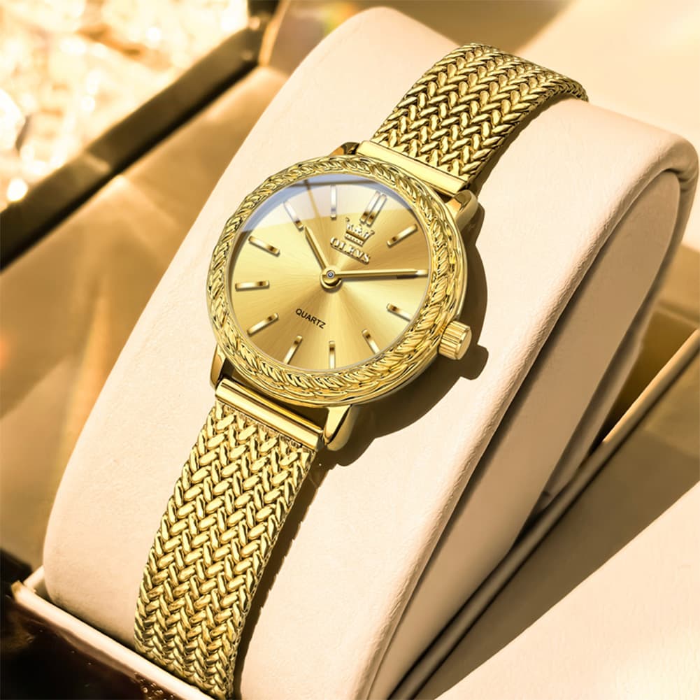 OLEVS Women Vintage Dress Watch Carved Bezel Woven Stainless Steel Quartz 5643