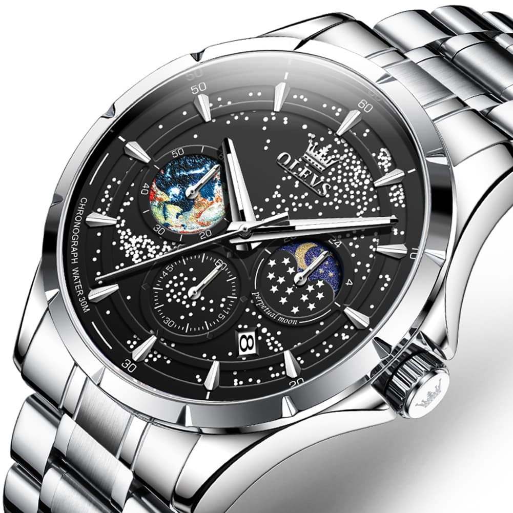 OLEVS Starry Sky Moon Phase Watch for Men Stainless Steel 5538