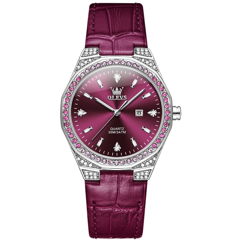 OLEVS Women Octagonal Watch Diamond Bezel Leather Strap Date Quartz 5606
