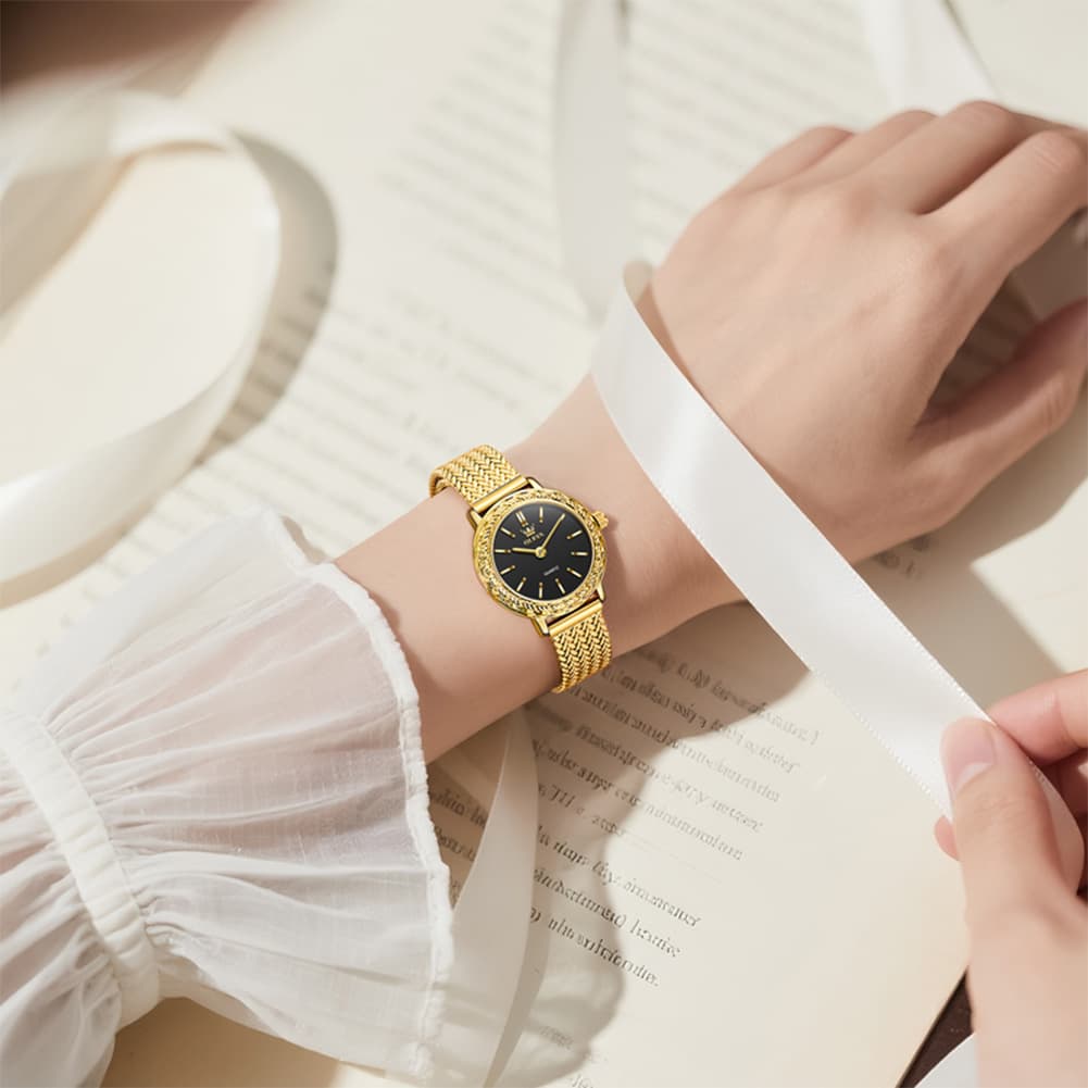 OLEVS Women Vintage Dress Watch Carved Bezel Woven Stainless Steel Quartz 5643