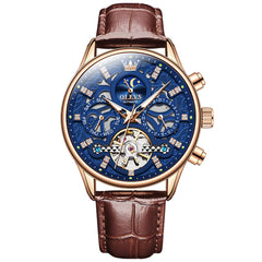 OLEVS 6658 Leather Skeleton Moon Phase Watch for Men