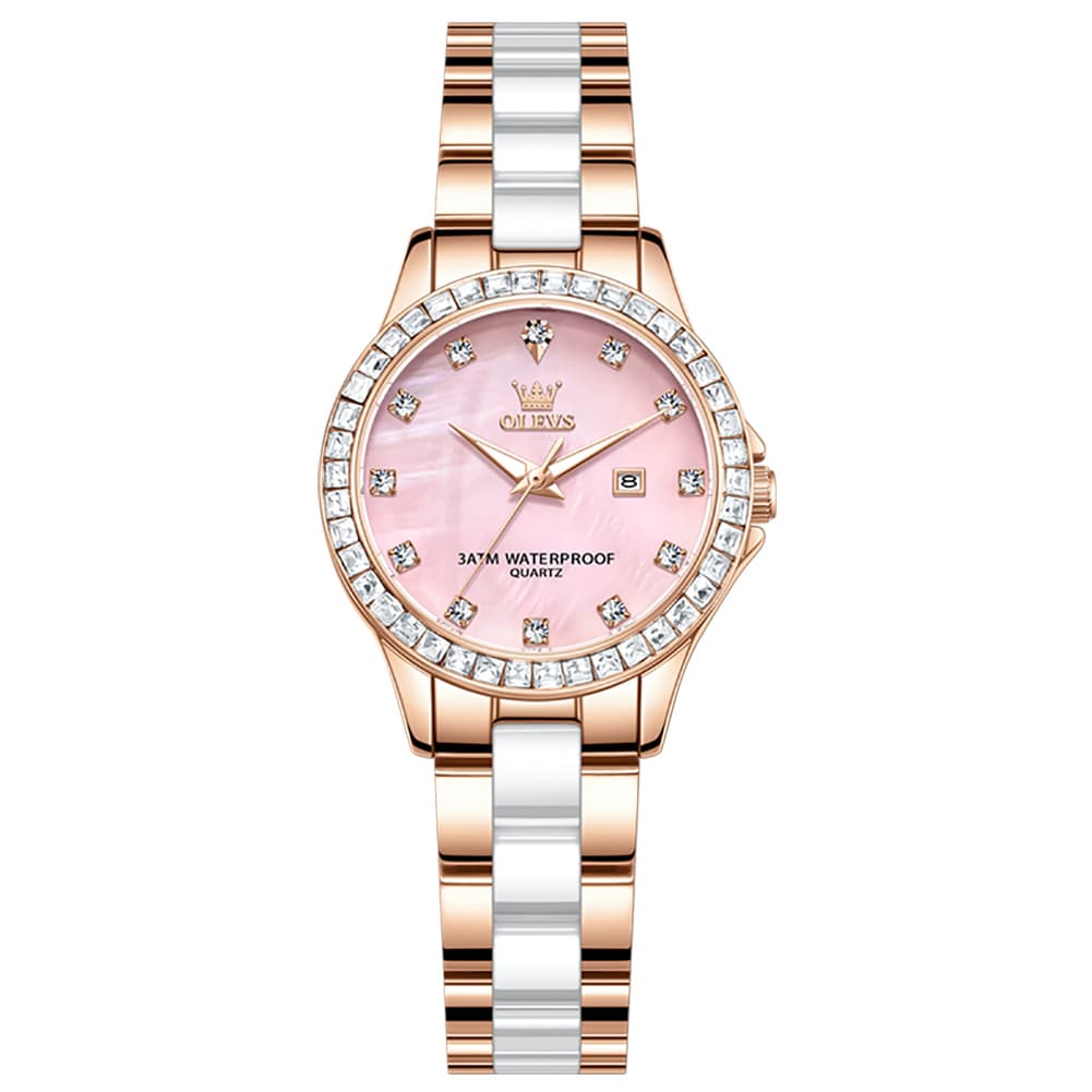 OLEVS 3651 Mother of Pearl Ceramic Crystal Diamond Watch For Women