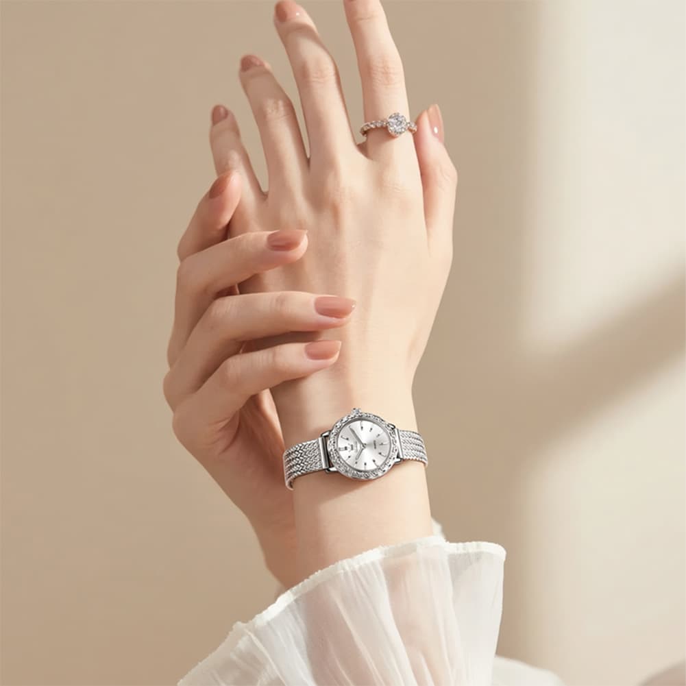 OLEVS Women Vintage Dress Watch Carved Bezel Woven Stainless Steel Quartz 5643