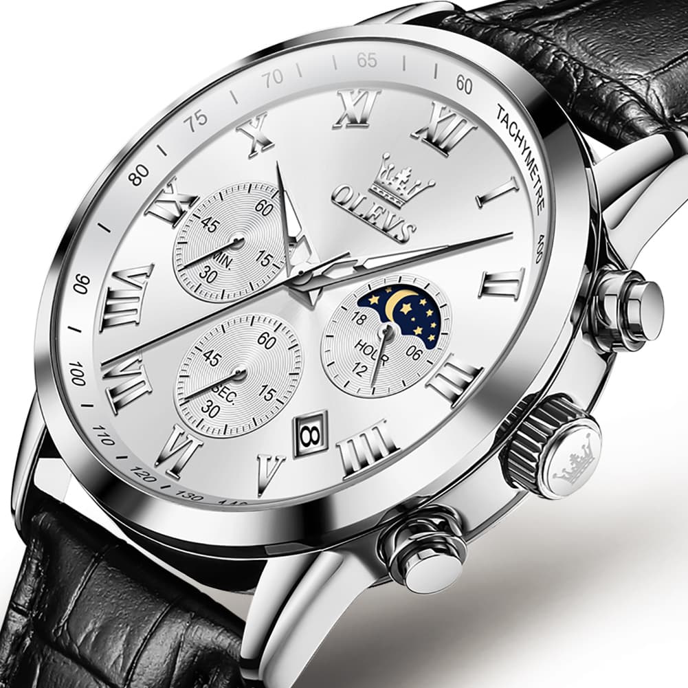 OLEVS Chronograph Moon Phase Dress Watch Leather Strap for Men 5529