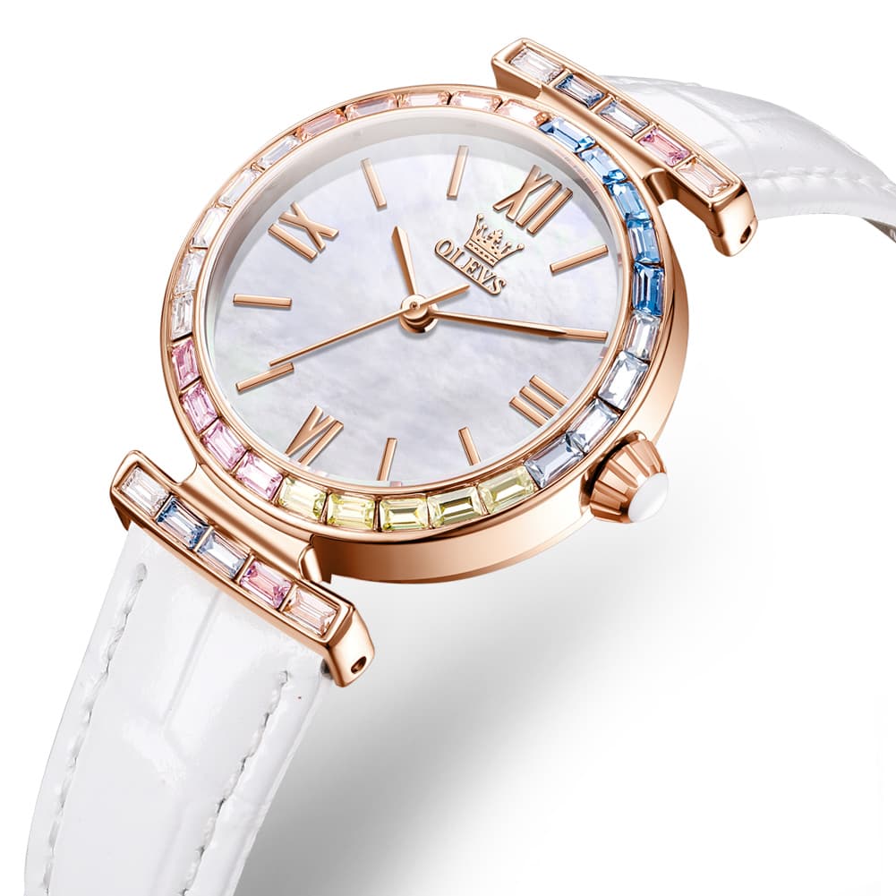 OLEVS 9007 Rainbow Bezel Mother of Pearl Leather Quartz Watch for Women